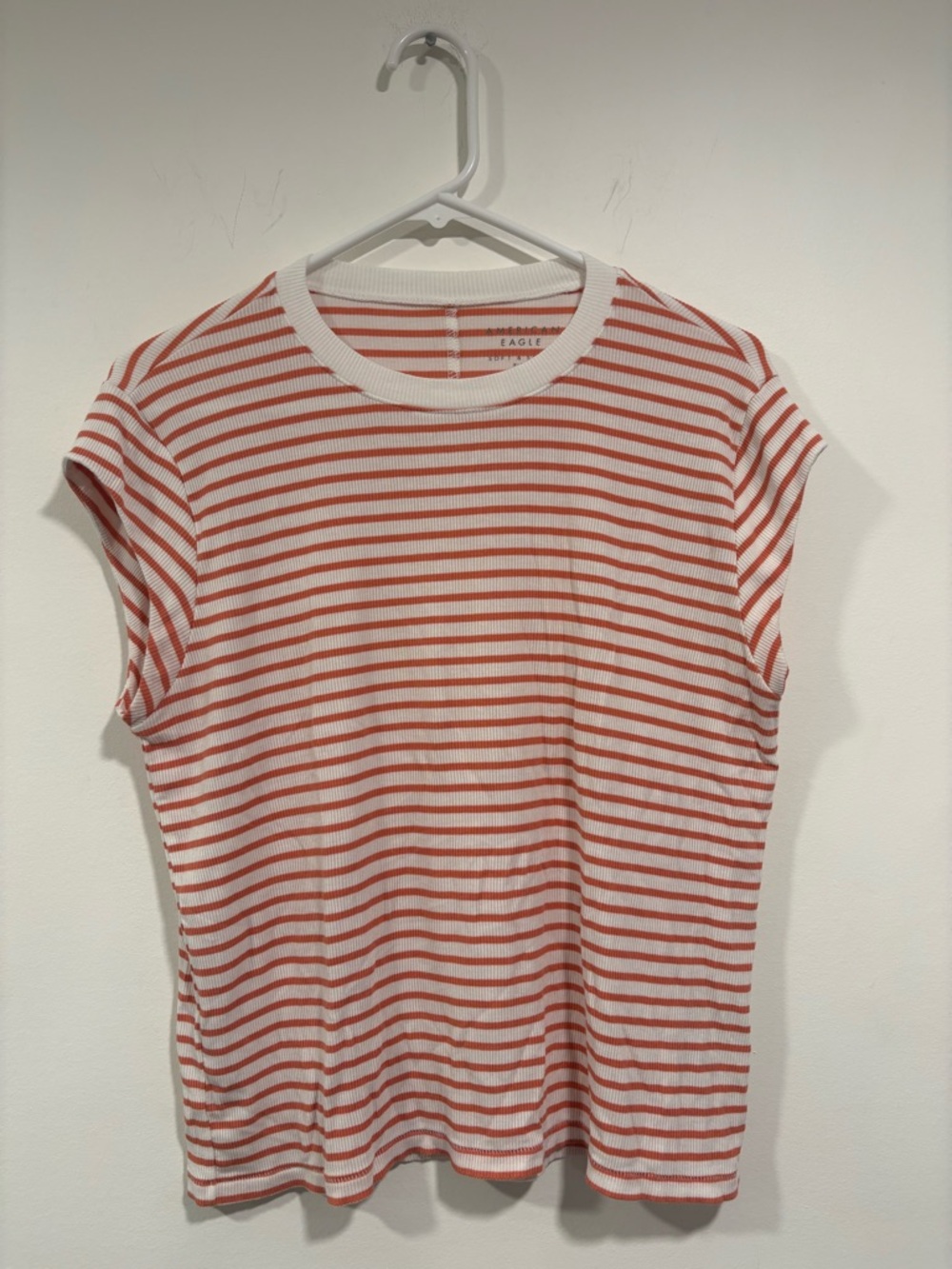 American Eagle Outfitters Orange & White Striped Ribbed cap Sleeve Tee
